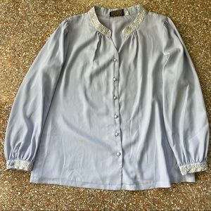 Vintage Bob Mackie Blouse XL Pastel Blue Embroidered collar and cuffs